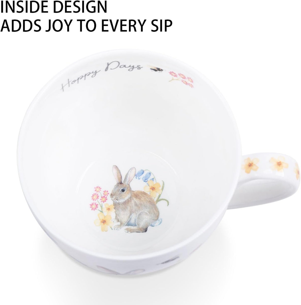 20 oz Bunny Coffee Mug with Spring Flowers &amp; Happy Days Slogan, Premium Bone China Rabbit Coffee Cup, Cute Garden Gift for Women, Family&amp;Friends, Designed in England by Harvest Green Studio