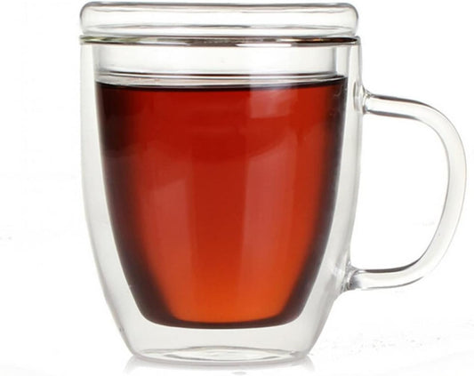 Insulated Espresso Cups - 16 oz Double Wall Glass Mugs With Handle and Lid - Cold & Heat Resistant - Perfect for Coffee,