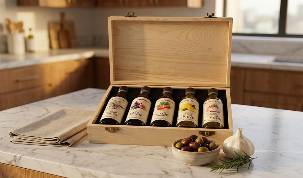 Blazing Bella Chef’s Set – Balsamic Vinegar and Olive Oil Set – Barrel-Aged Balsamic from Modena, Italy &amp; Cold-Pressed California Olive Oils – 5 Essential Flavors – 100ml Bottles