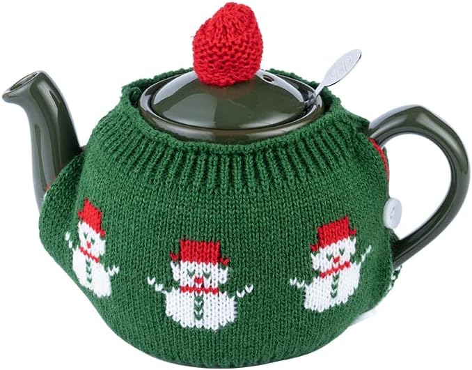 Knitted Teapot Cozy, 2-Piece Split Design with Button Fastening, Acrylic Insulated Teapot Cover for 2 Cup 15-20 oz Teapots, British Style Decorative Tea Warmer, 9 Patterns Available，GREEN SNOW MAN