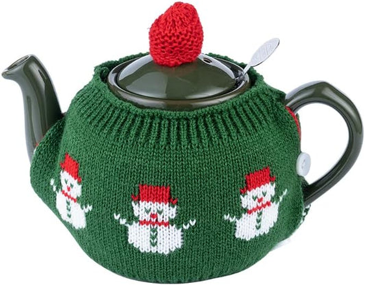 Knitted Teapot Cozy, 2-Piece Split Design with Button Fastening, Acrylic Insulated Teapot Cover for 2 Cup 15-20 oz Teapots, British Style Decorative Tea Warmer, 9 Patterns Available，GREEN SNOW MAN