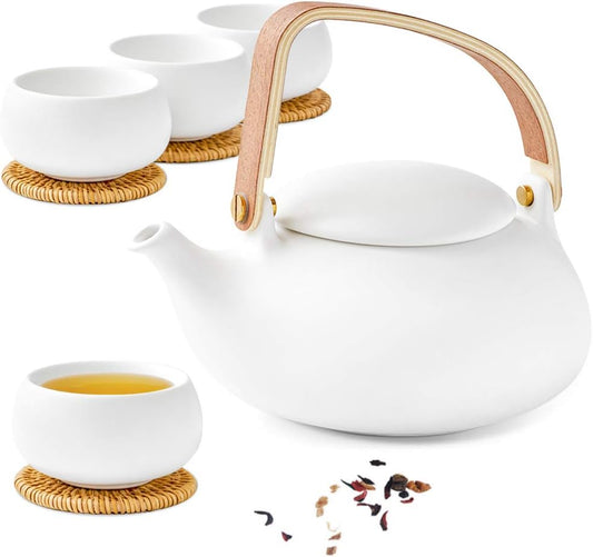 ZENS Modern Japanese Tea Set, 27 oz Ceramic Japanese Teapot with Fine Stainers and 4 Cups for Loose Leaf Tea Steeper, Wood