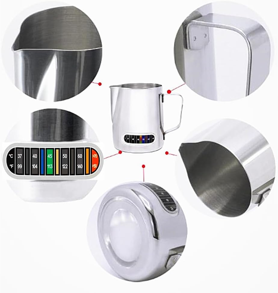 Milk Frothing Pitchers 21 oz (600 ml) with Integrated Thermometer,Latte Art Jug Stainless Steel Creamer Temperature Espresso Steaming Pitchers
