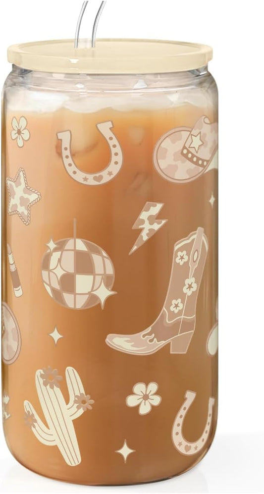 Western Cowgirl 16oz Can Glass Tumbler with Acrylic Lid & Straw, Iced Coffee Cup for Women, Aesthetic Cups Gifts for