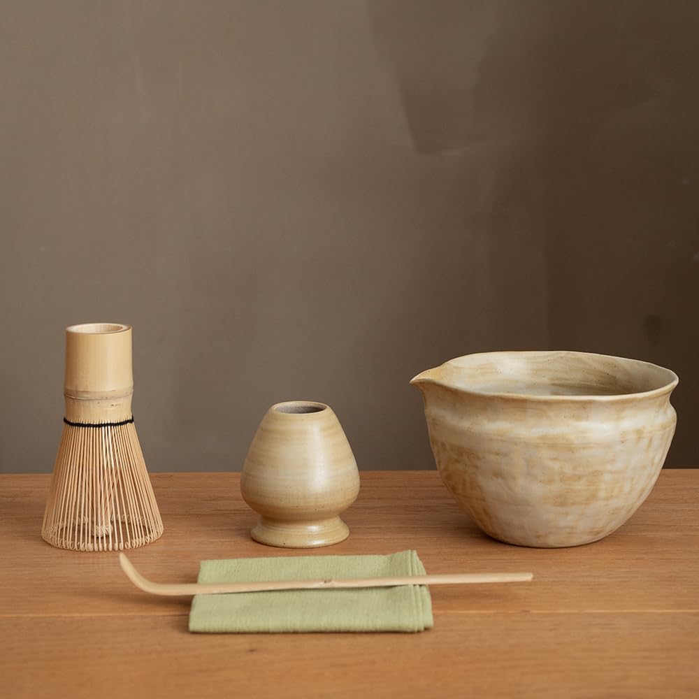 Matcha Set with Handmade Ceramic Bowl &amp; Bamboo Whisk, Sandstone, 6-Pc | Matcha Whisk Set, 16.9 Oz Matcha Bowl with Spout, Bamboo Whisk, Holder, Scoop, Sifter and Tea Cloth, Matcha Kit for Ceremony