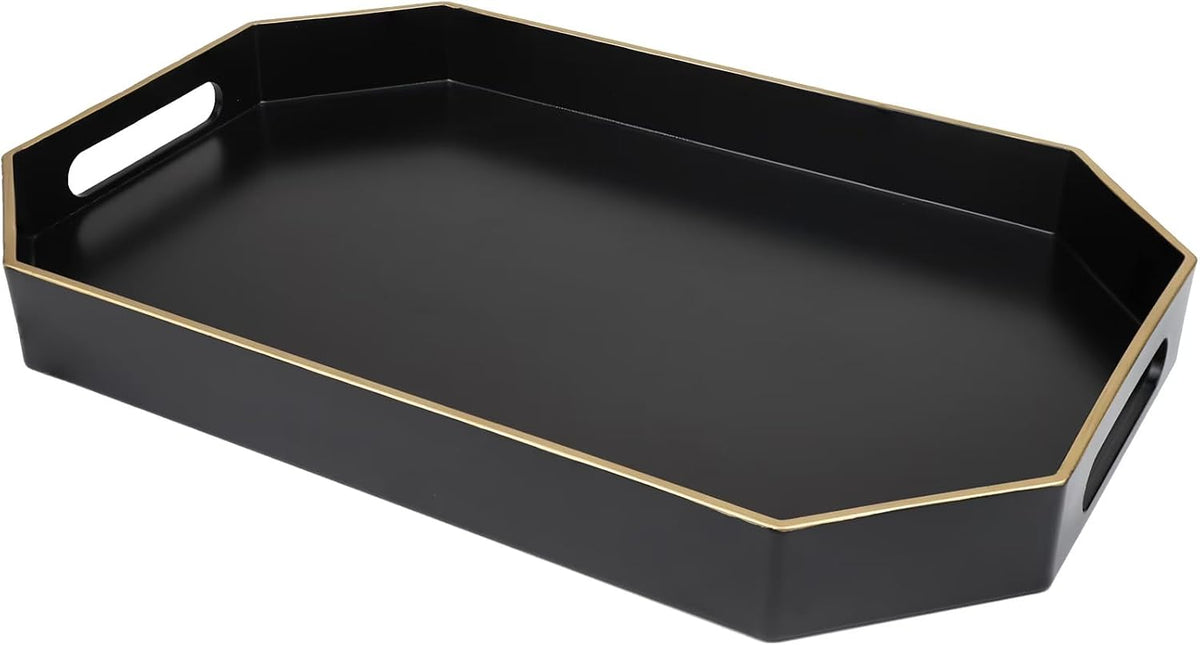 Black Decorative Tray with Handles, Octagon Versatile Serving Tray for Coffee Table, Ottoman, Ideal for Serving, Displaying, Organizing | Decorative Tray, Serving Tray for Displaying, Organizing, 15.7"*10.2"*1.57"
