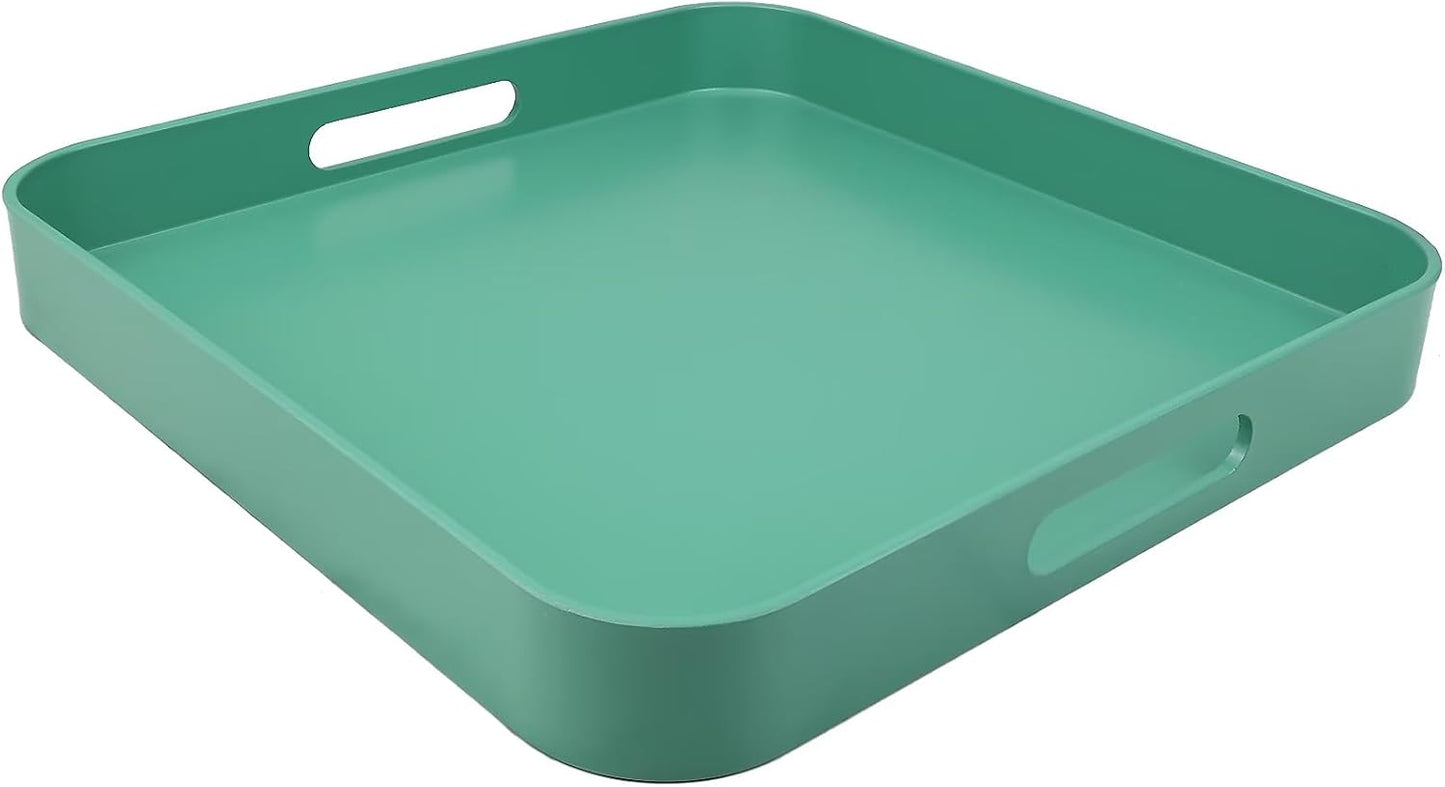 Square Green Decorative Serving Tray with Handles, Versatile Ottoman Tray for Coffee Table, Entertai