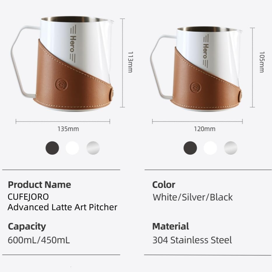Milk Frothing Pitcher 450ml/16oz 304 Stainless Steel Espresso Steaming Pitcher with PU Leather, Milk Frothing Jug,milk frother cup,Milk Jug Cup,Premium Barista Tools,Latte Art (Black,20oz)