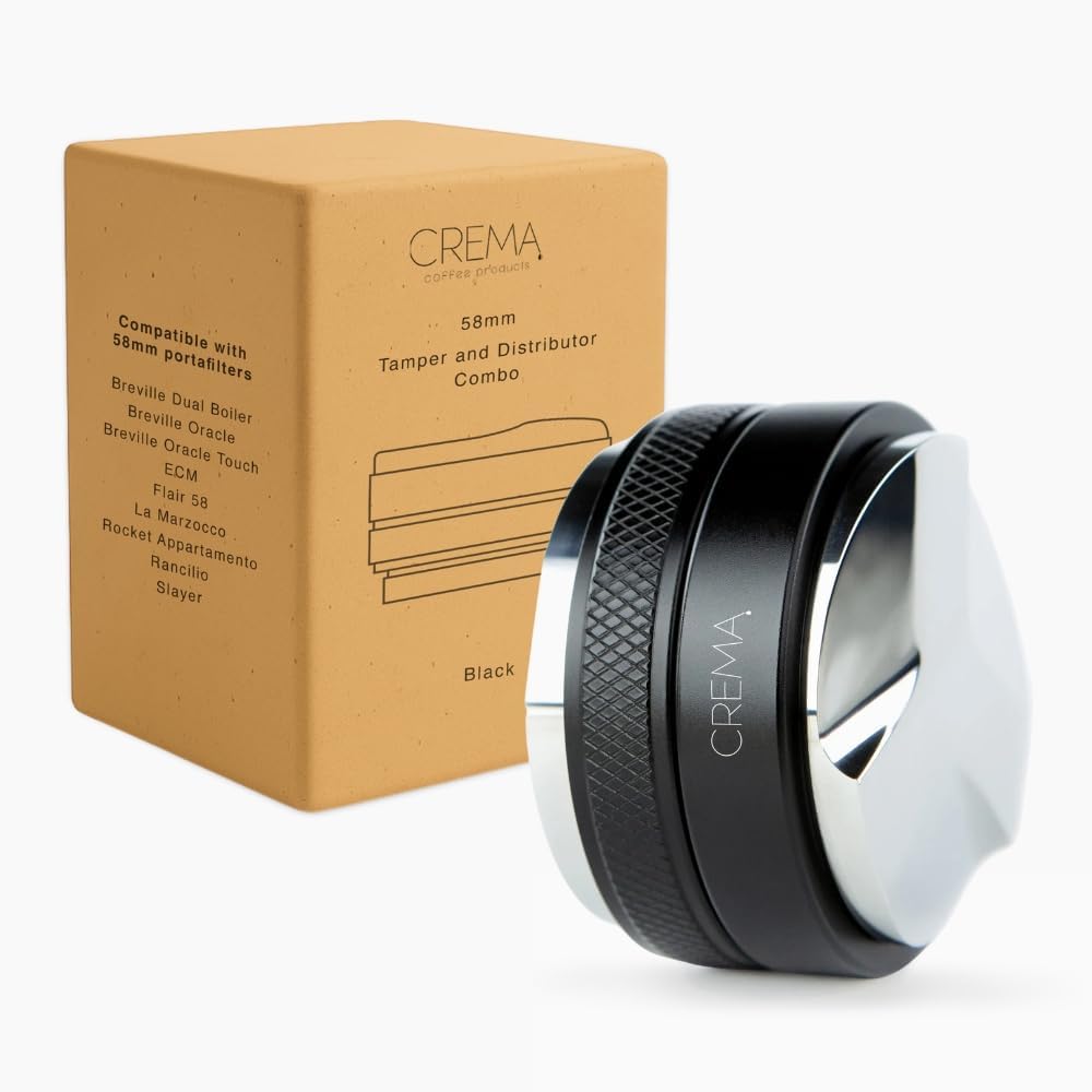 CREMA Coffee Products 58.5mm Hand Tamper &amp; Distributor | Compatible with any 58mm | Double-Sided, Adjustable Depth Tool | Made with Durable 304 Stainless Steel | Black