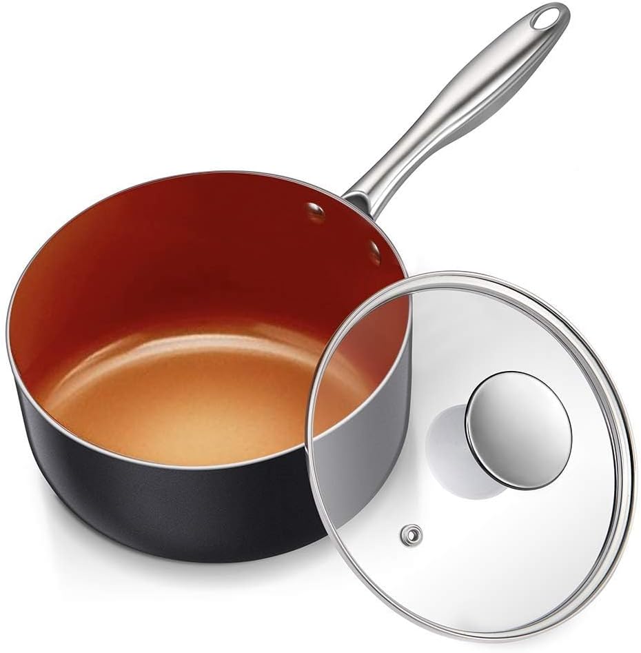 MICHELANGELO Nonstick 2 Quart Sauce Pan with Lid, Ultra-Nonstick Copper Sauce Pot 2 Qt, Ceramic Saucepan with Lid, Small Pot with Ergonomic Handle, Induction Compatible, Oven Safe
