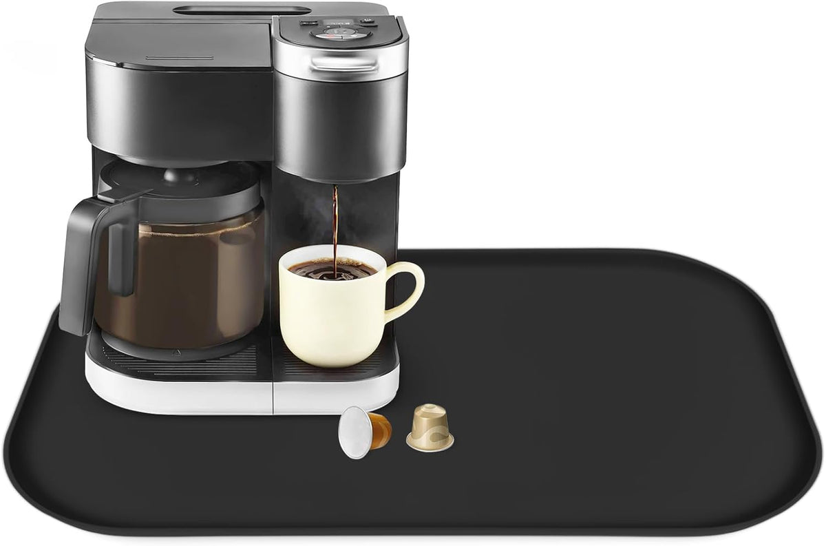 TOHONFOO Silicone Coffee Maker Mat with Lip, 24'' x 16'' Heavy Duty Coffee Maker Mat for Countertops, Coffee Tray Fit Under Coffee Machine Appliance Automatic Machines Espresso Accessory, Black