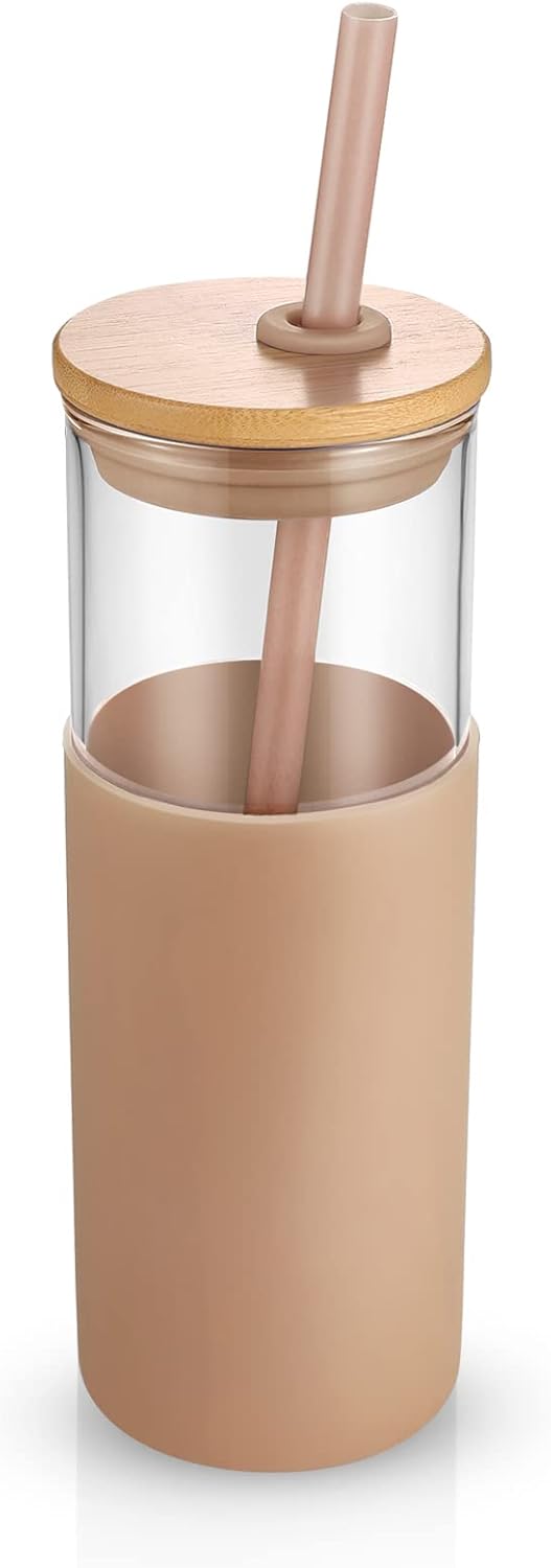Tronco 24 oz Glass Tumbler with Straw and Lid - Glass Cup with Lid and Straw, Smoothie Cup, Iced Coffee Cup - Bamboo Lid and