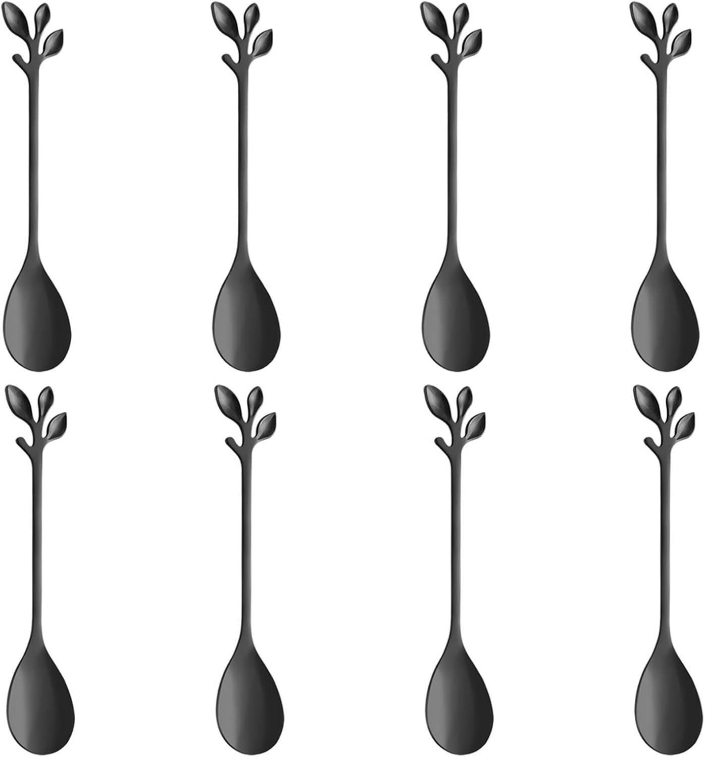 AnSaw 8-Pack Elegant Black Leaf 4.7" Espresso Spoons - Stainless Steel, Perfect for Coffee, Demitass