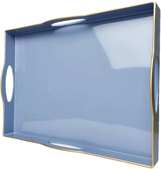 Blue Serving Tray with 4 Handles, Plastic Decorative Tray for Coffee Table, Ottoman - Ideal for Living Room & Bathroom. 15”