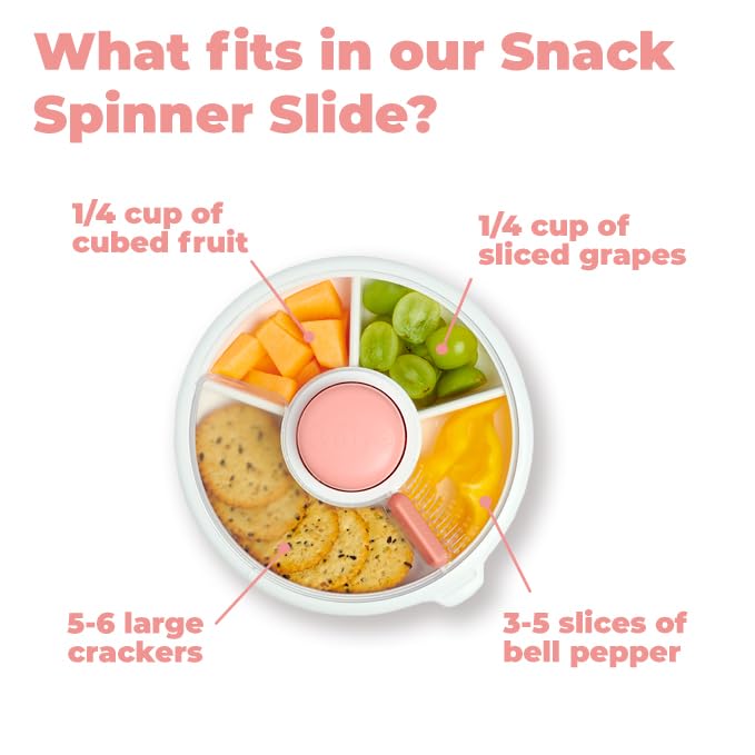 GoBe Kids Small Snack Spinner Slide Bundle with Hand Strap and Sticker Sheet - Reusable Snack Container with 5 Compartment Dispenser and Lid | BPA/PVC Free | Dishwasher Safe | No Spill - Coral Pink