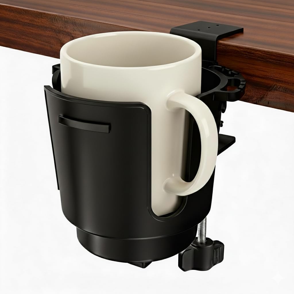 Desk Cup Holder with Metal Clamp, Clip on Cup Holder for 8-28oz Bottles