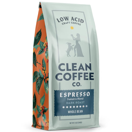 Clean Coffee Co. - Low Acid Espresso Roast, Tested for Molds and Toxins, Sumatra Blend, Notes of Dark Chocolate, Caramel,