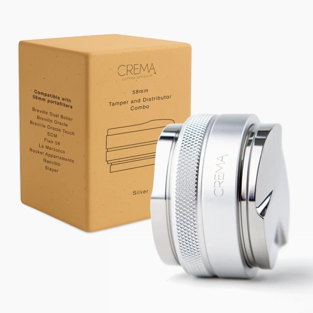 CREMA Coffee Products 58.5mm Hand Tamper &amp; Distributor | Compatible with any 58mm | Double-Sided, Adjustable Depth Tool | Made with Durable 304 Stainless Steel | Silver