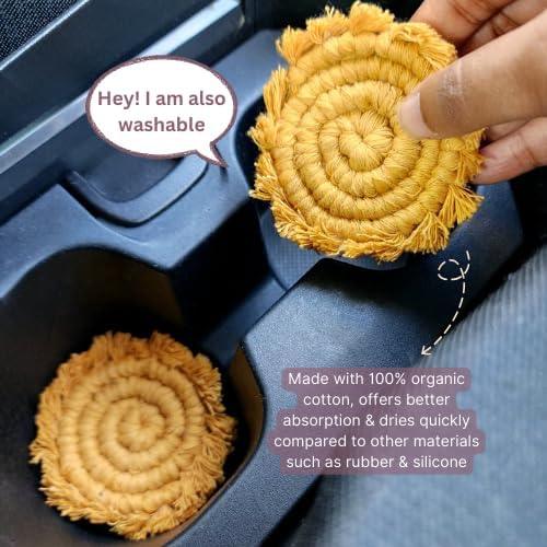 Cotton Car Coasters for Cup Holders, 2PC Car Cup Coasters, Drink Coaster Holder, Cute cupholder Coaster Accessories for Women, Macrame, Boho (Sunshine Yellow)