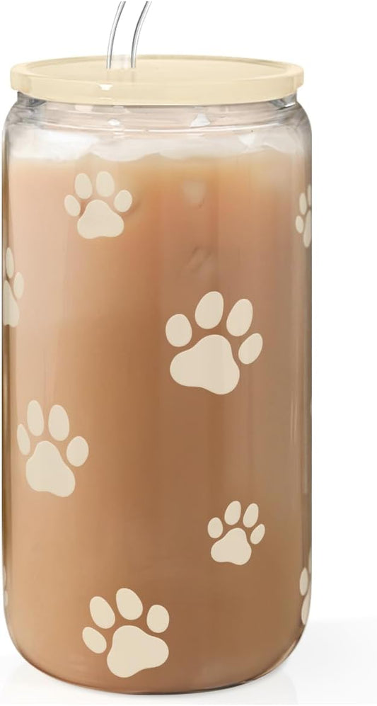 Paw Print 16oz Can Glass Tumbler with Acrylic Lid & Straw - Iced Coffee Cup for Women Cat Dog Mom, Aesthetic Cups Gifts for
