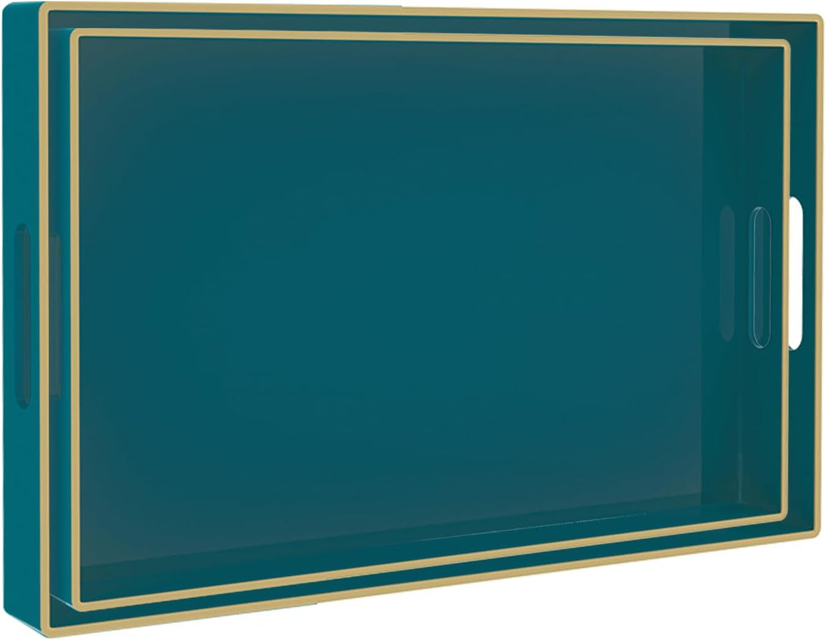 MAONAME Green Serving Tray with Handles, Plastic Decorative Tray Set of 2 | Decorative Tray for Coffee Table, Modern Ottoman Tray, Rectangle Melamine Tray for Living Room, 15.8"L x 10.2"W x 1.4"H