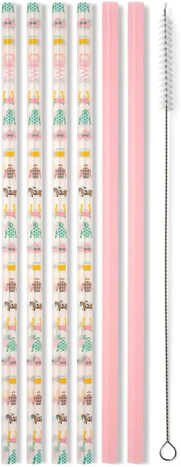 Swig Life Reusable Straws Derby Day + Blush Tall Straw Set & Cleaning Brush, Each Straw is 10.25 inch Long (Fits Swig Life