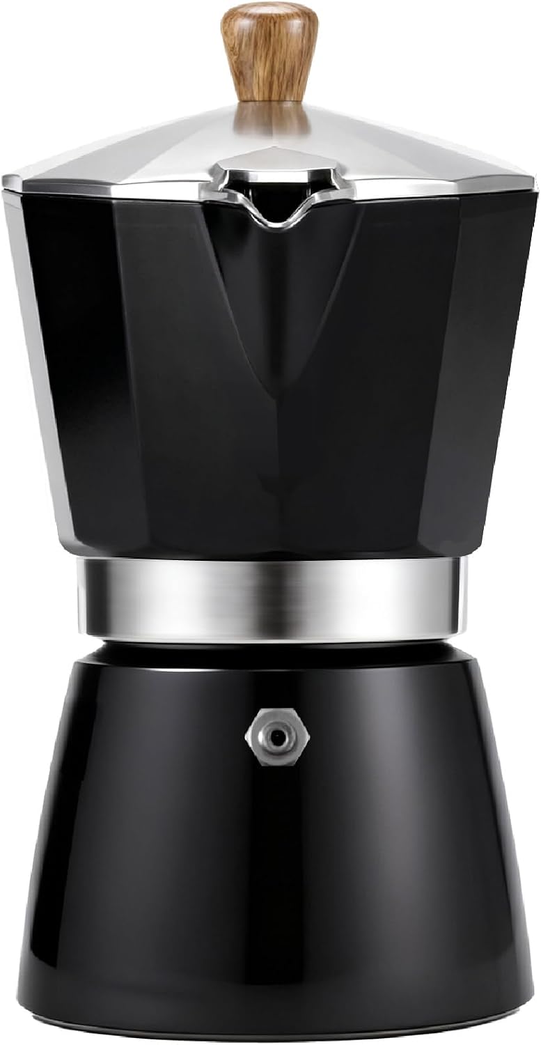 AGOGO Moka Pot Stovetop Espresso Set &amp; Cuban Coffee Maker 6-Cup/300ml Black | Upgraded anti-snap grip, Home &amp; camping greca percolator, 100 filters for sediment-free brew, Brush &amp; towel gift set