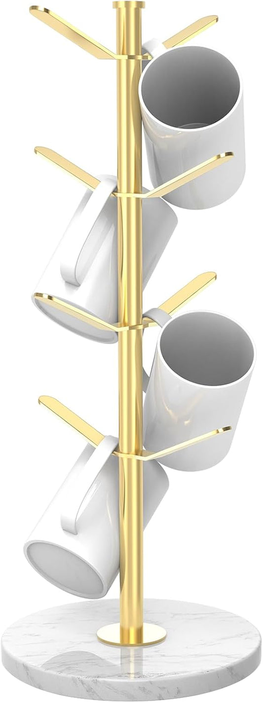 Marble Mug Holder Tree with 8 Hooks, Stainless Steel Coffee Cup Holder, Non-Slip Silicone Pads, Heavy Duty Marble Base,