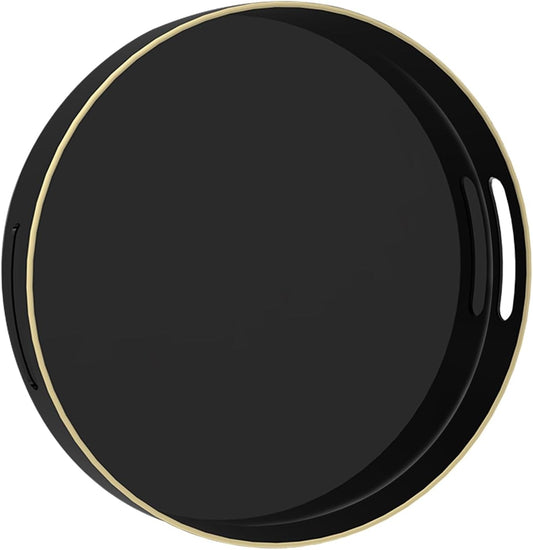 MAONAME Black Decorative Tray for Coffee Table, Modern Round Serving Tray with Handles, 13" Plastic Tea Trays for Ottoman,