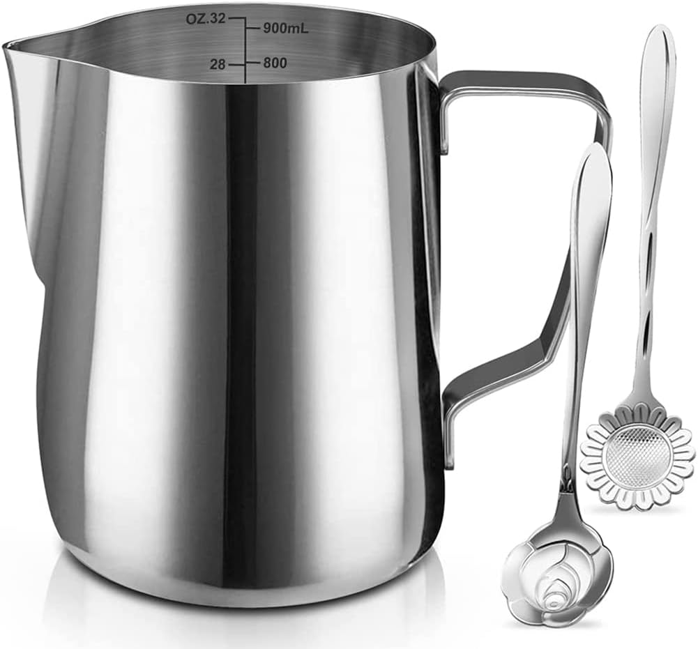 Milk Frothing Pitcher Cup, 32oz/900ML Milk Frother Cup Stainless Steel Steaming Pitcher Milk Jug Cof