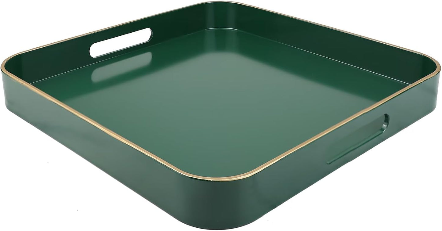Green Square Decorative Tray with Handles, 13"*13" Versatile Serving Tray for Coffee Table, Ottoman,