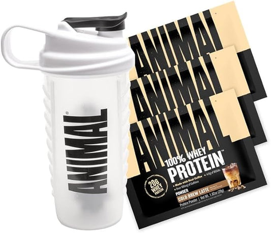 Animal 100% Whey Protein Powder Samples & 25oz BPA Free Shaker Bottle – Real Instant Iced Coffee Whey + 20g of Protein,