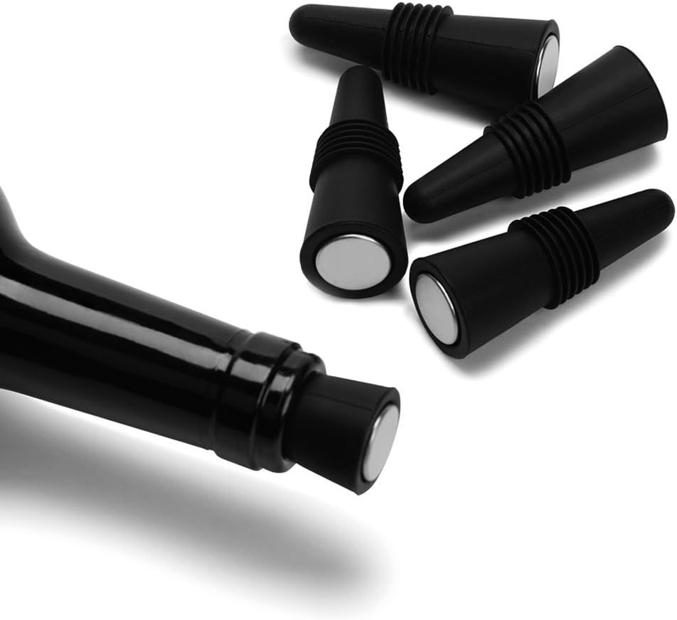 OHMAXHO Wine Stoppers (Set of 5), Silicone Wine Bottle stopper and Beverage Bottle Stoppers, Black
