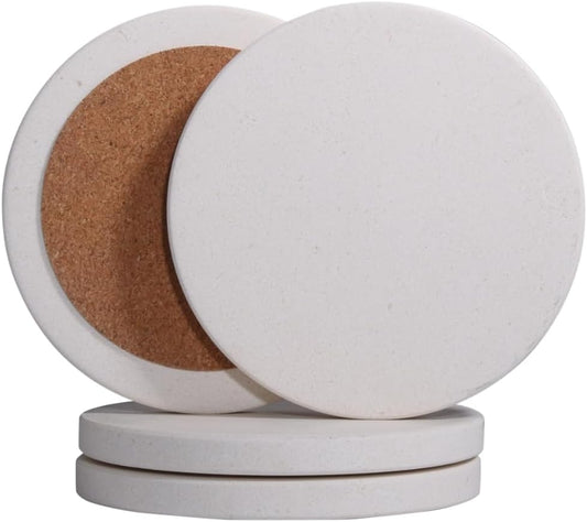CASACOUTURE- Absorbent Stone Coasters Set of 4 - Round 4" Diameter Cream White Marble Drink Coasters for Housewarming