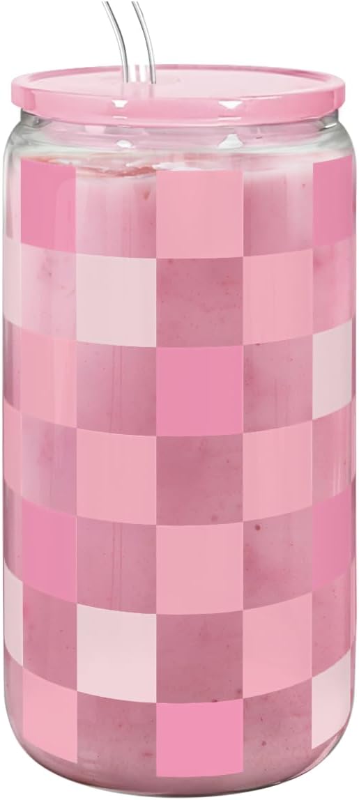 Checker 16 Oz Can Glass Tumbler with Acrylic Lid and Straw - Iced Coffee Cups for Women, Aesthetic Glass Cup Gift for