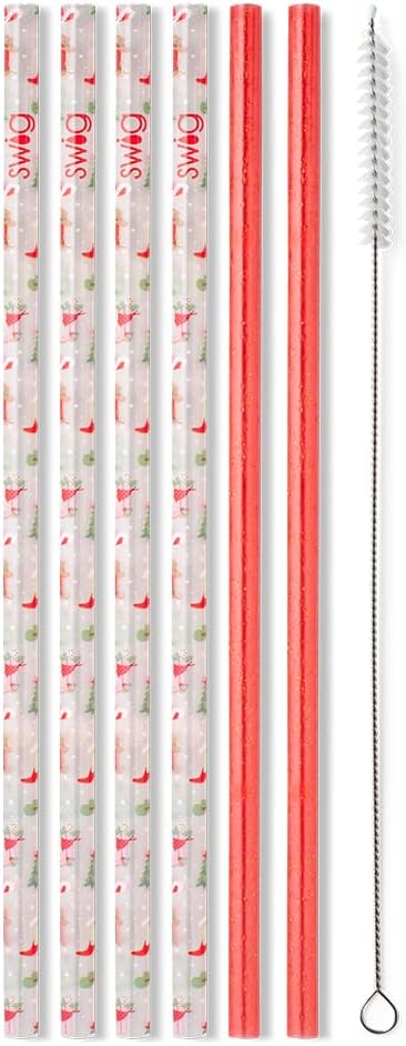 Swig Life Reusable Straws Howdy Holidays + Red Glitter Tall Straw Set & Cleaning Brush, Each Straw is 10.25 inch Long (Fits