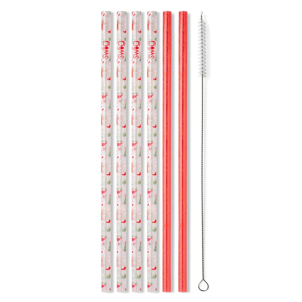 Swig Life Reusable Straw Set with Cleaning Brush, Howdy Holidays Straws | Reusable Straw Set - Cleaning Brush Included - 14 Inch Long - Accessories for Cups &amp; Mugs