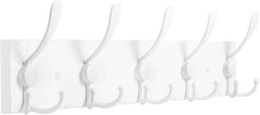 Coat Rack Wall Mount Coat Hooks Wooden Hat Rack for Wall Hooks Pine Real Wood Plank 16.9" White Coat Hanger with 5 White