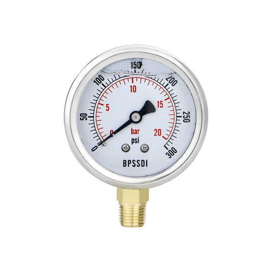 0-300 Psi Glycerin Liquid Filled Pressure Gauge, 2.5" Dial Size, 1/4" NPT Lower Mount, 304 Stainless Steel Case, for Pool