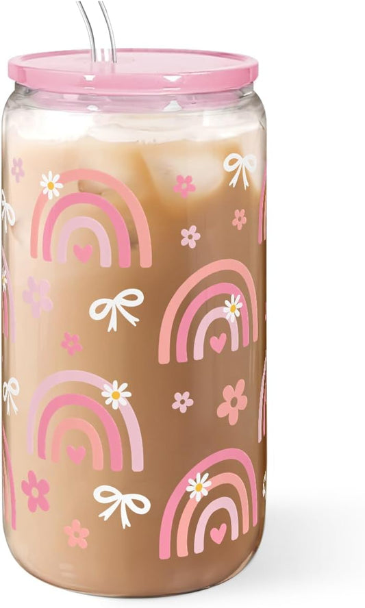 Rainbow 16oz Can Glass Tumbler with Acrylic Lid & Straw, Iced Coffee Cup for Women Girls, Aesthetic Cups Gifts for Birthday