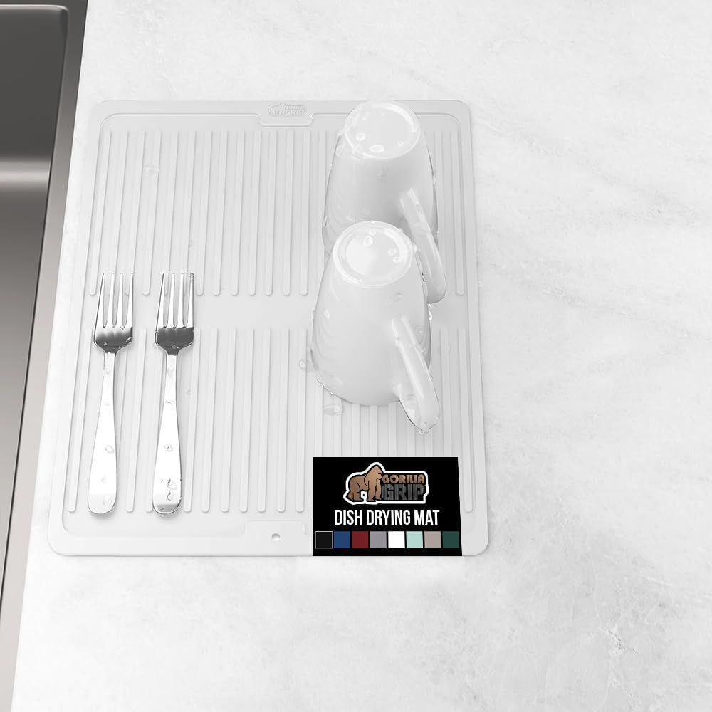 GORILLA GRIP 100% BPA-Free Patented Silicone Dish Drying Mat for Kitchen Counter, Water Catching Ribbed Design, Easy Clean Waterproof Sink Liner, Heat Resistant, Fits Under Rack, 13x11 Inch, White