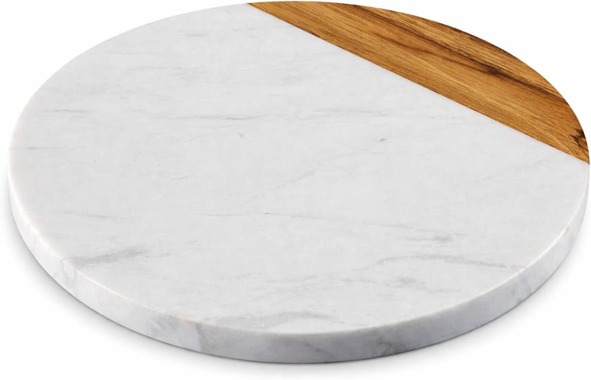 White Marble Board, 10 Inches | Cheese Board, Acacia Wooden Serving Tray, For Charcuterie, Cheese, Meats, Fruit, Crackers, Cutting Board, Round Slab