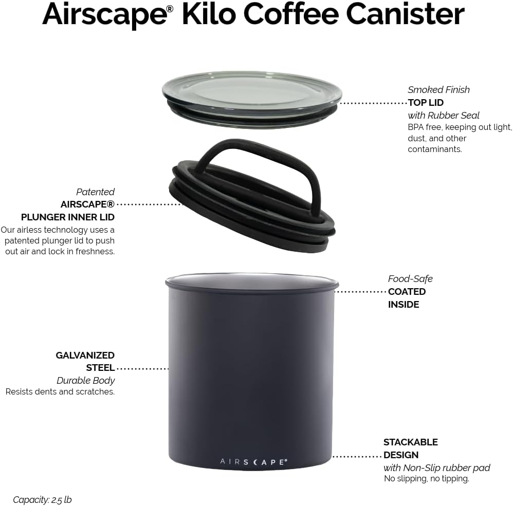 AirScape by Planetary Design | 2.2 lbs Coffee Storage | Matte Gray | Plunger Lid Removes Excess Oxygen - Don't Buy airtight, Buy AIR-Less - Holds 2.2 lbs Coffee Beans - (Matte Gray)