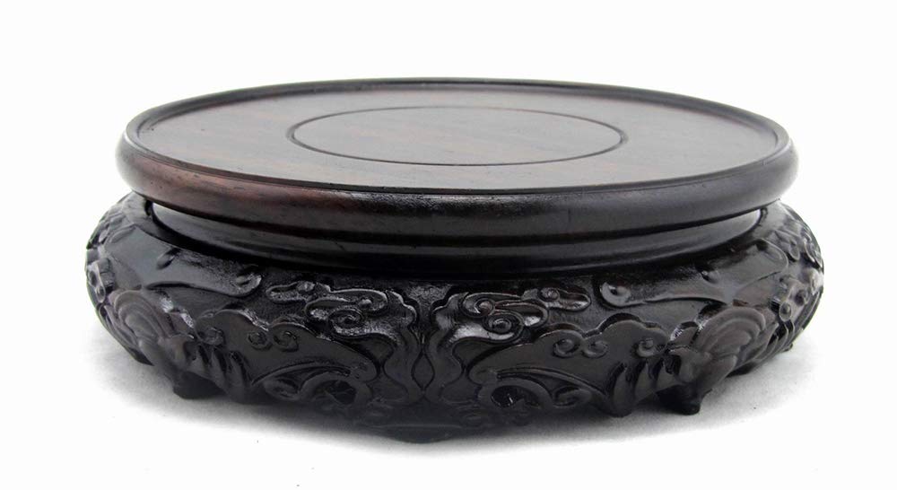 GOLDY&WENDY Oriental Luxury Round Bat Pattern Elm Solid Wood Vase Display Stands Pedestal Base 4.7 in Diameter