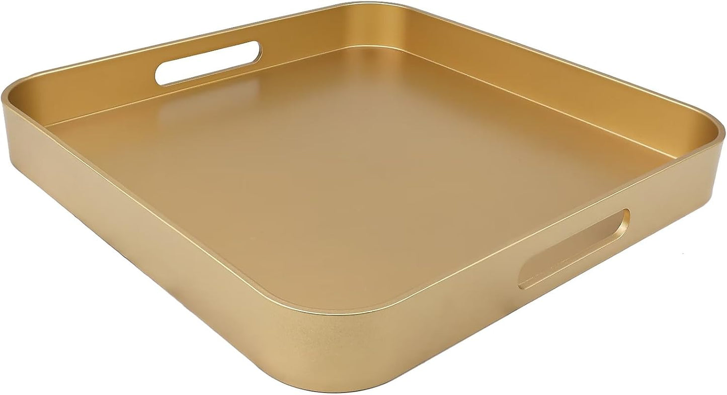 Square Gold Decorative Serving Tray with Handles, Versatile Ottoman Tray for Coffee Table, Entertain