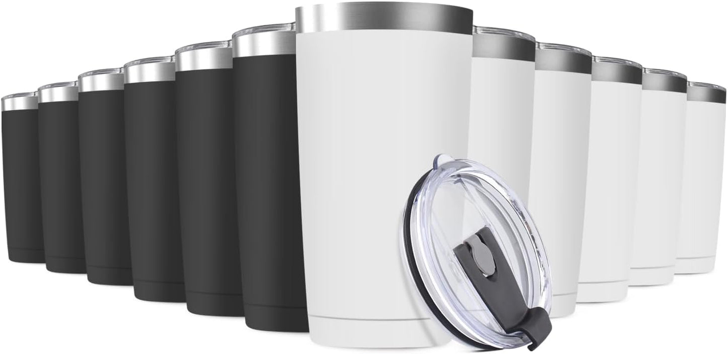 12Pack 20oz Tumbler Vacuum Insulated Travel Mug with Lids, Stainless Steel Double Wall Bulk Cup for 