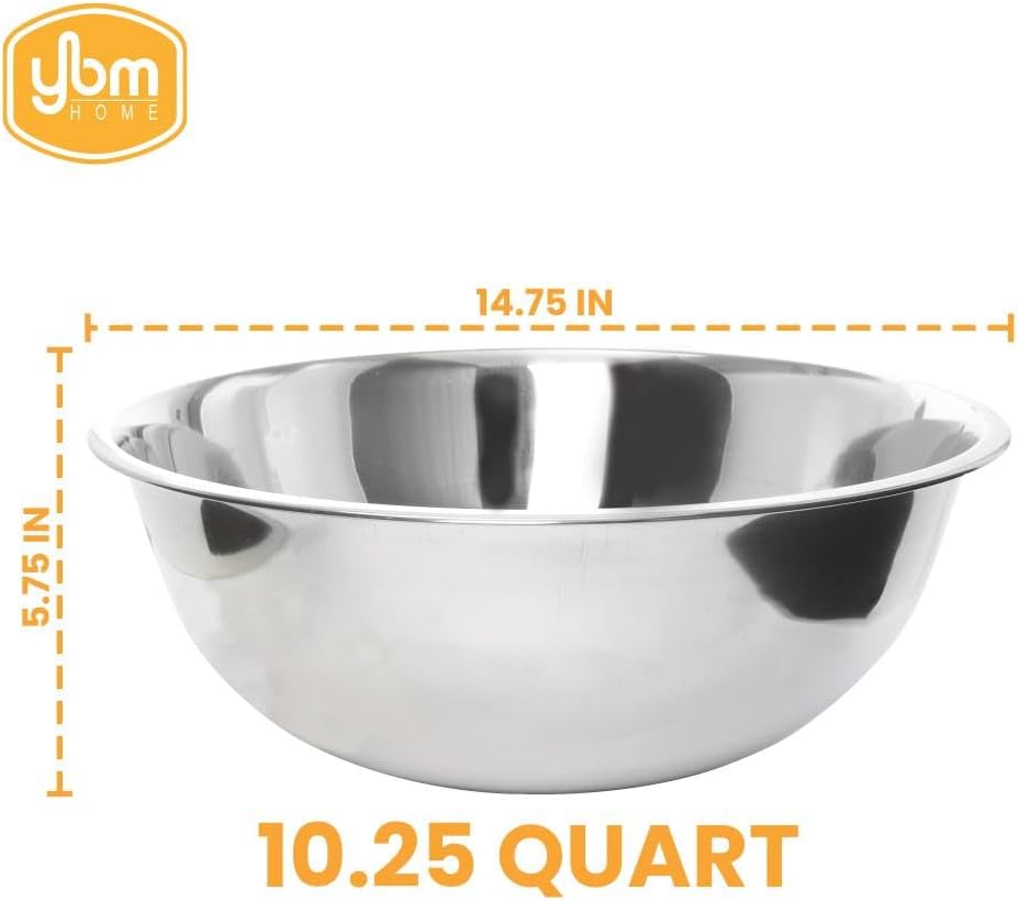 YBM HOME 10.25 Quart Stainless Steel Premium Mixing Bowl – Heavy Duty Deep Prep Bowl for Baking, Cooking, Dough Mixing, Salad Serving &amp; Commercial Kitchen Use