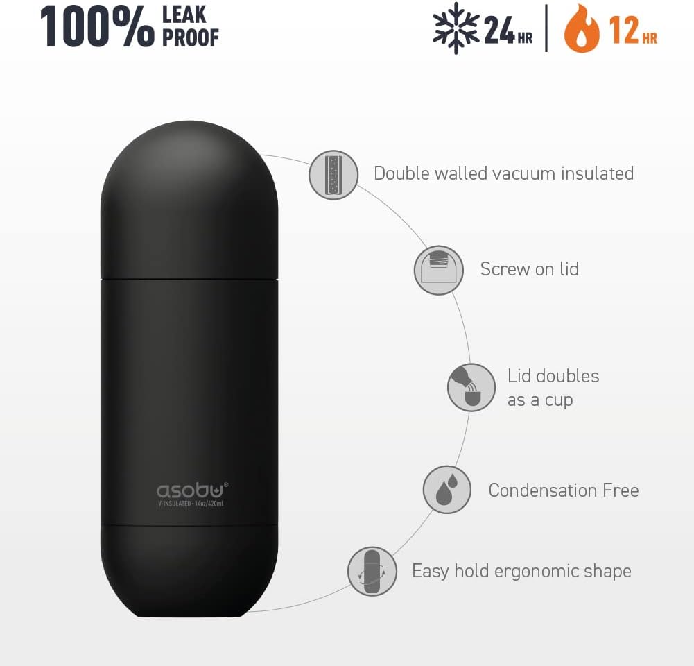 asobu Orb Stainless Steel Double Wall Insulated Travel Water Bottle – Lid Doubles as a Cup 14 Ounce (Blue)…
