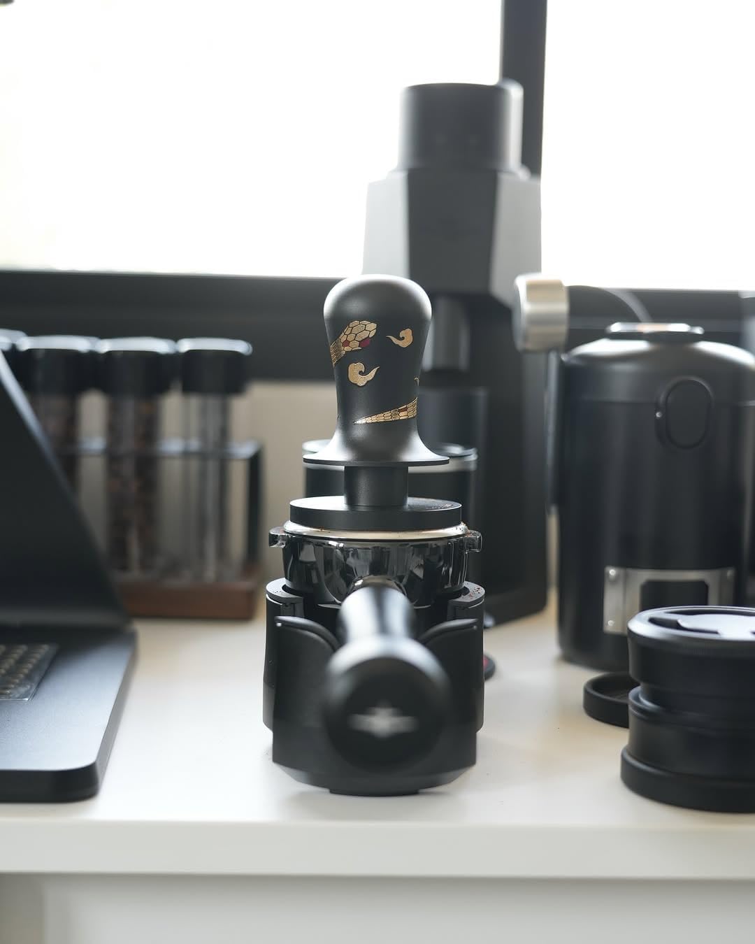 MHW-3BOMBER 58.35mm Espresso Tamper Snake Pattern Edition - 3 Spring Loaded Coffee Tamper with Sound Feedback - Barista Tamper Tool - Ergonomic Handle Ripple Base T6079TS-OS