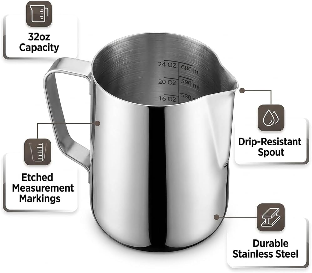 Rattleware 32 Oz Etched Milk Frothing Pitcher Latte Art Espresso Stainless
